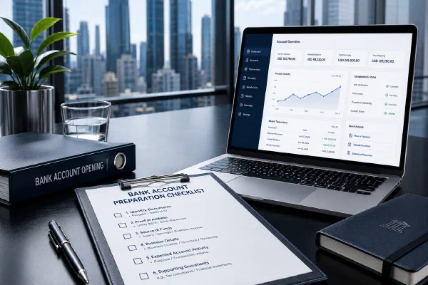 Documents and folders prepared for a Cyprus company bank account application
